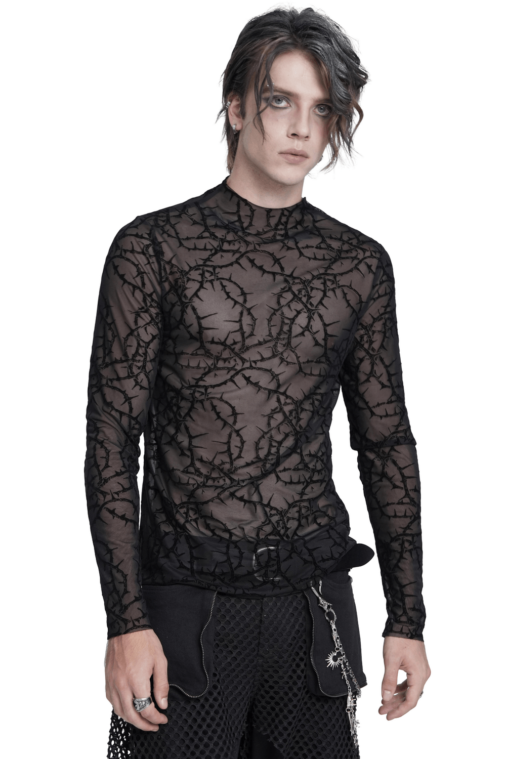 Alternative Sheer Mock Neck Top with Barbed Vine Pattern
