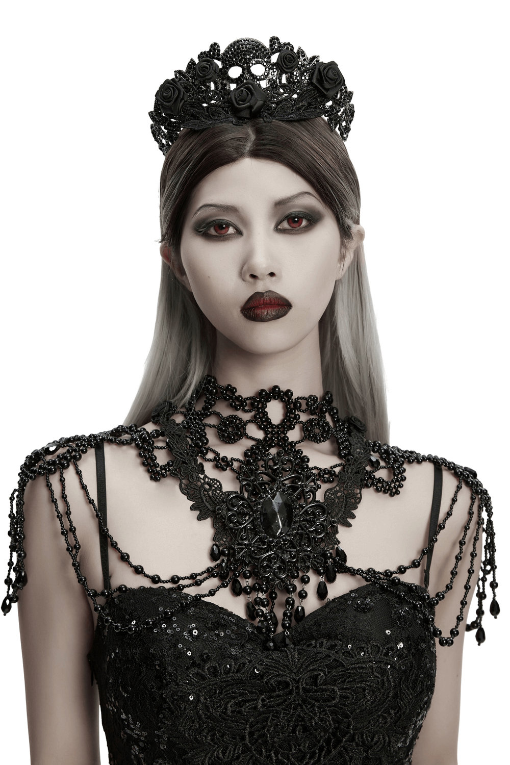 Black Gothic Beaded Shoulder Neckwear and Lace Design