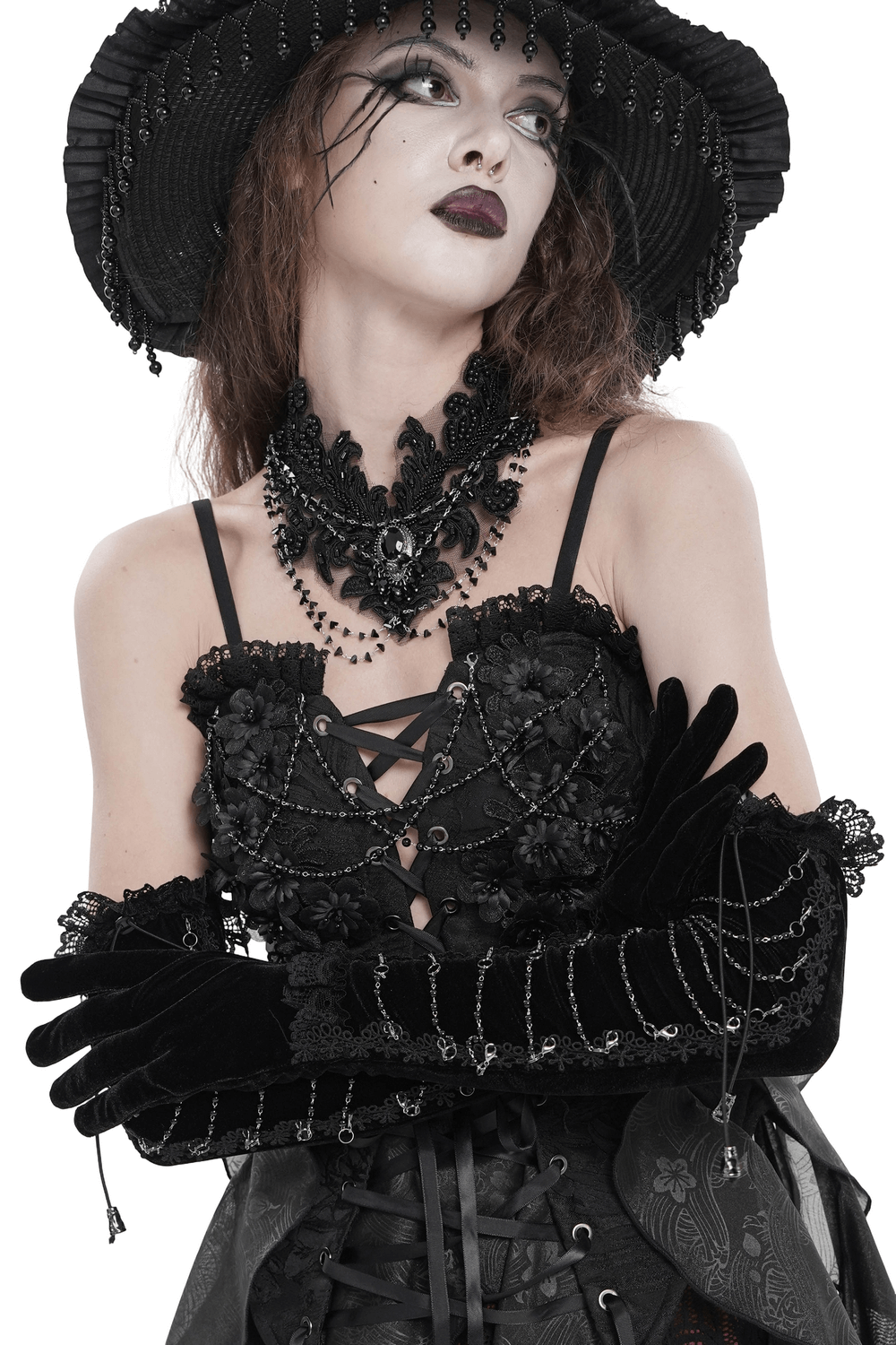 Black Gothic Opera Gloves with Lace and Chains