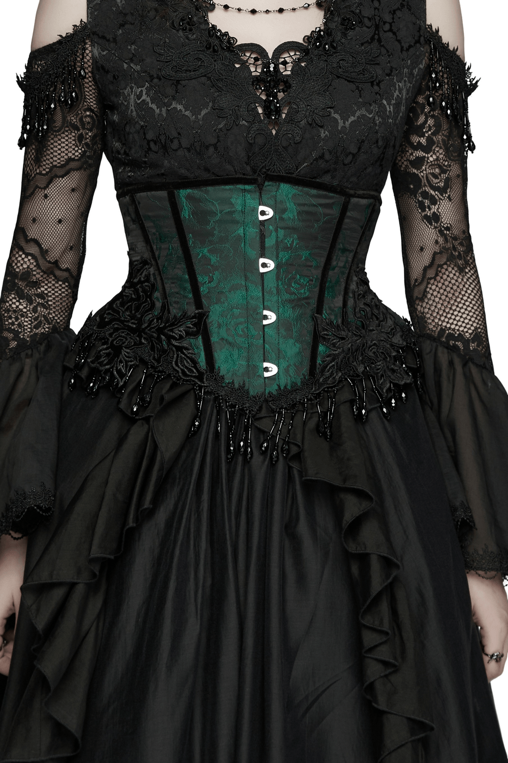 Chic Green Jacquard Goth Underbust Corset and Tassel Trim Chic Green Jacquard Goth Underbust Corset and Tassel Trim