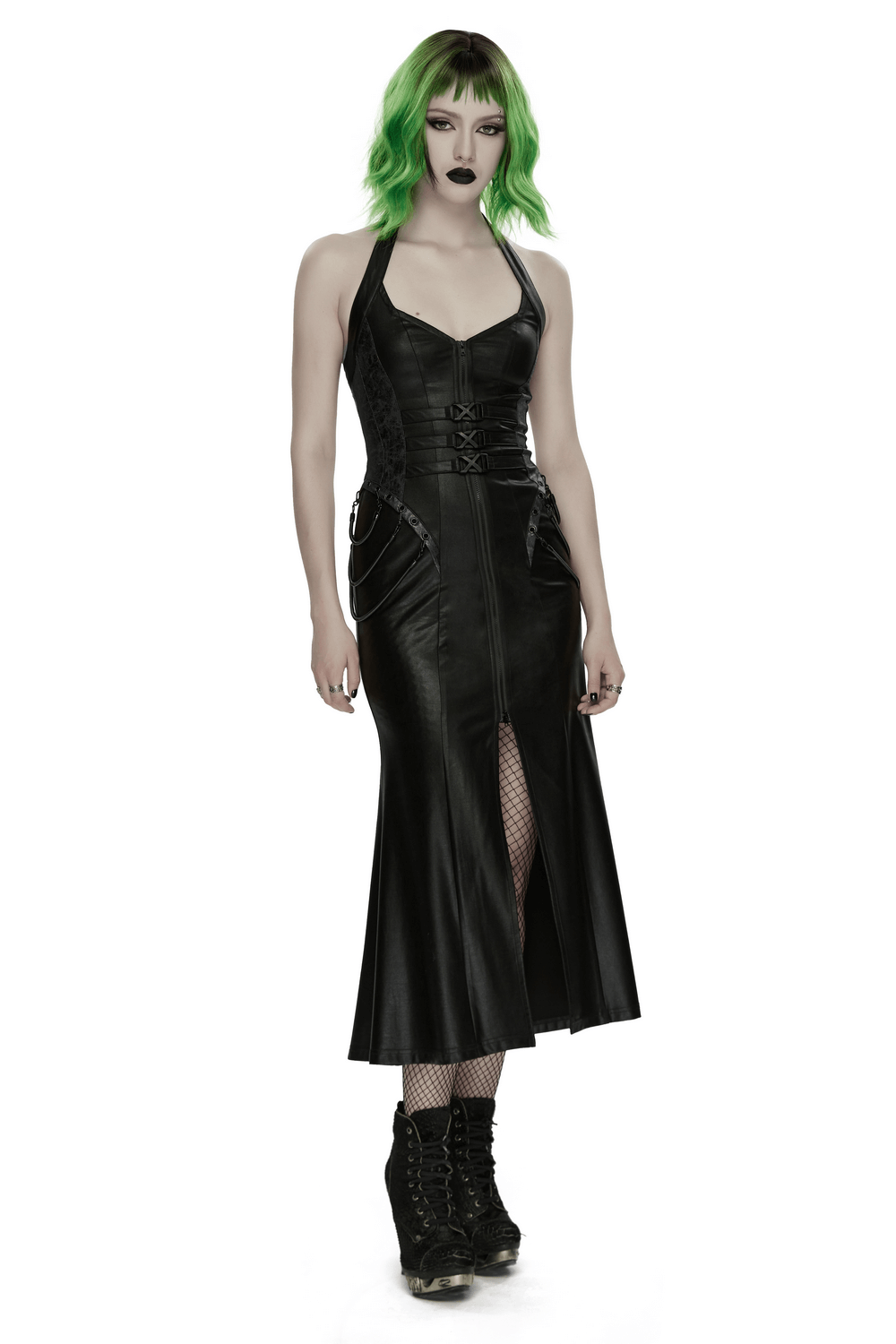 Cyberpunk Leather Halter Dress with Adjustable Buckles Cyberpunk Leather Halter Dress with Adjustable Buckles