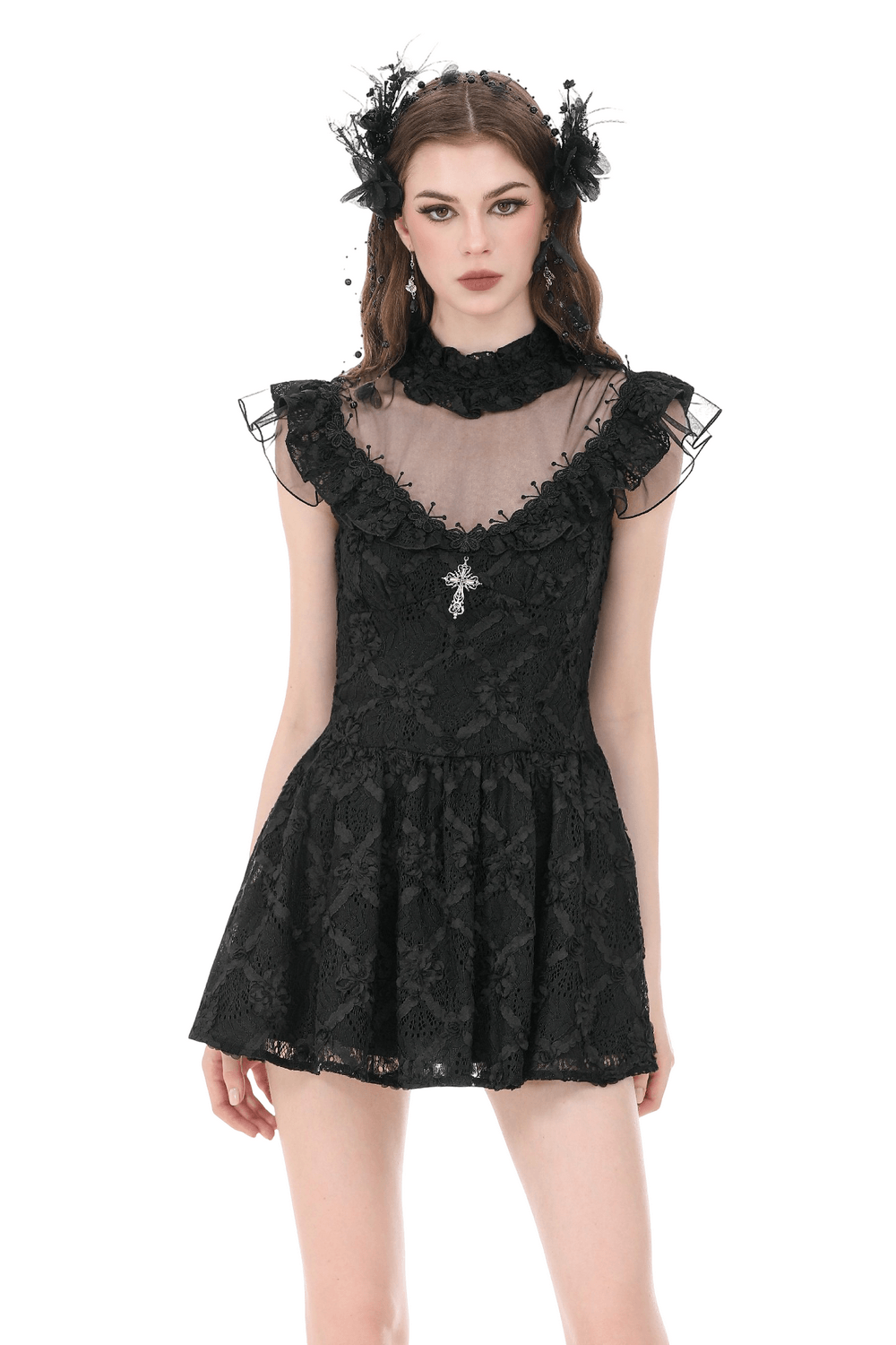 Dark Romantic Lace Mini Dress with Corset Waist and Cross