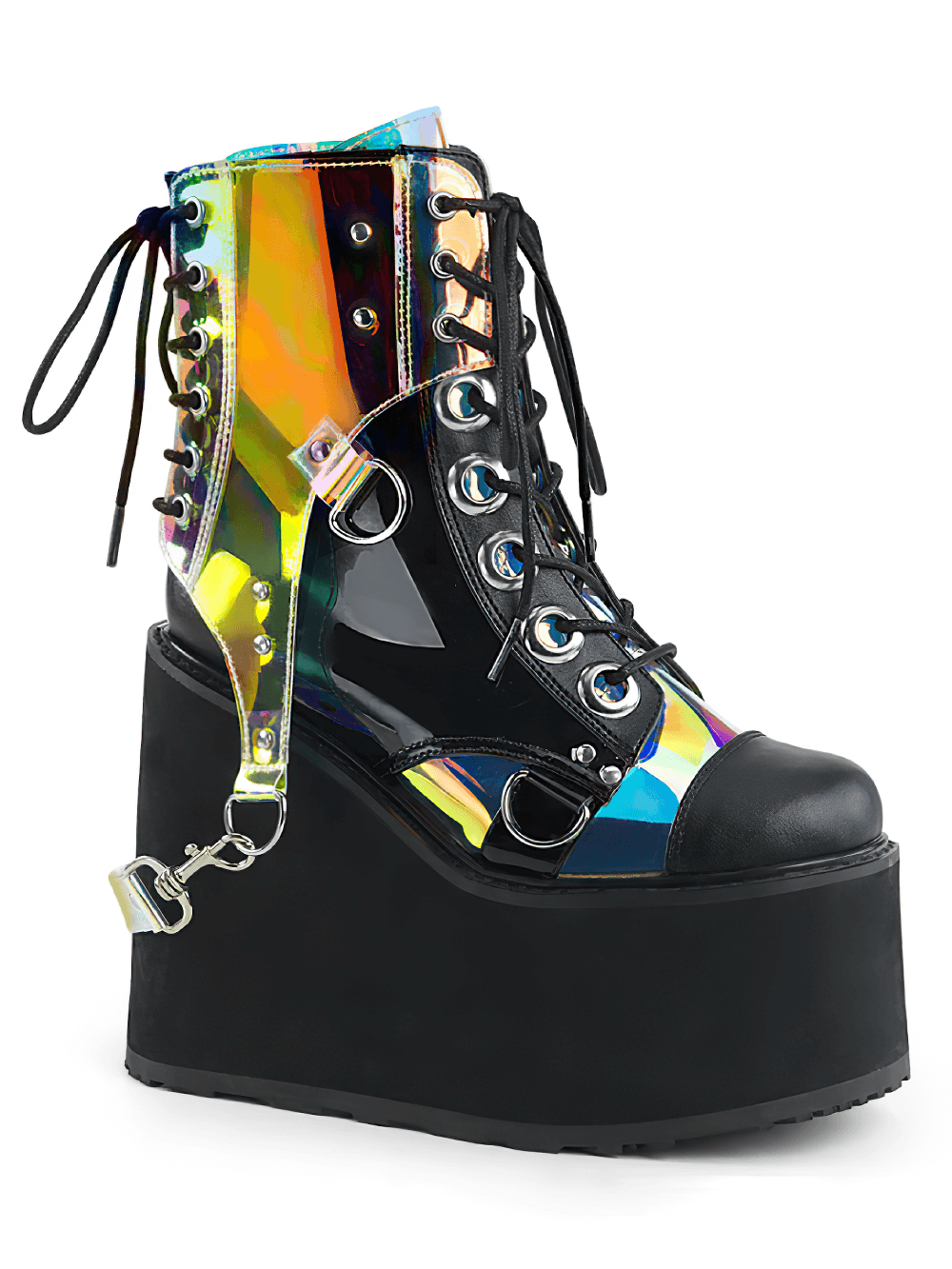 DEMONIA Holographic Wedge Platform Boots with Bondage Straps