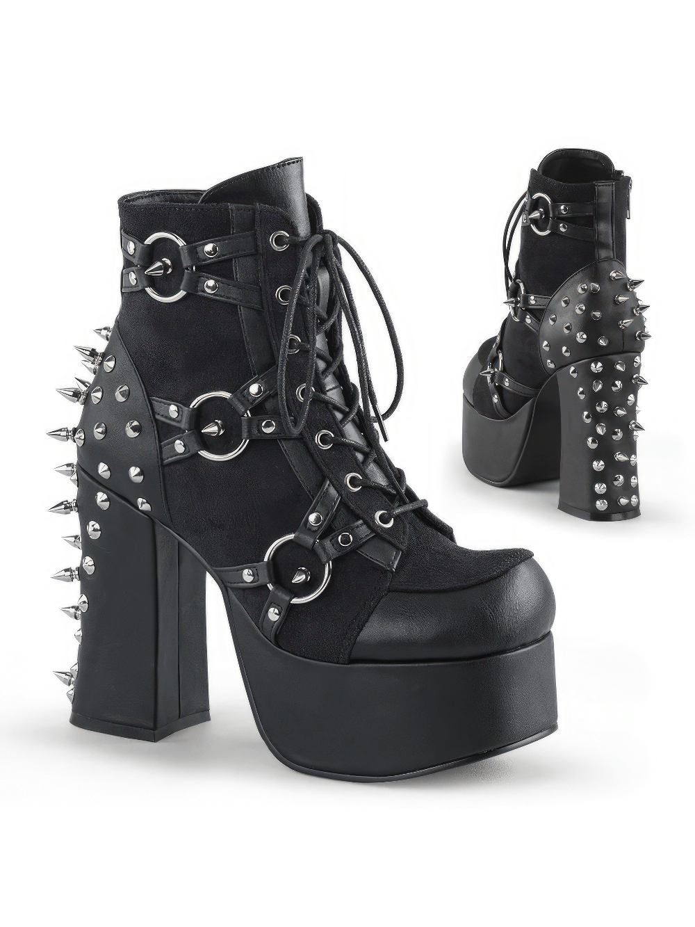 DEMONIA Studded Lace-Up Ankle Boots with Block Heel