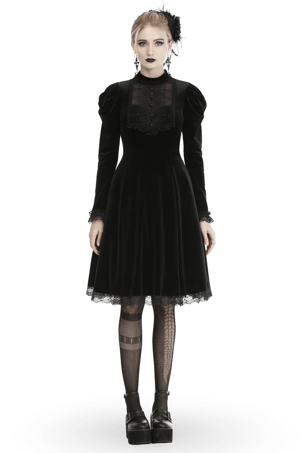 Elegance Gothic Black Lace Velvet Dress for Dark Style
