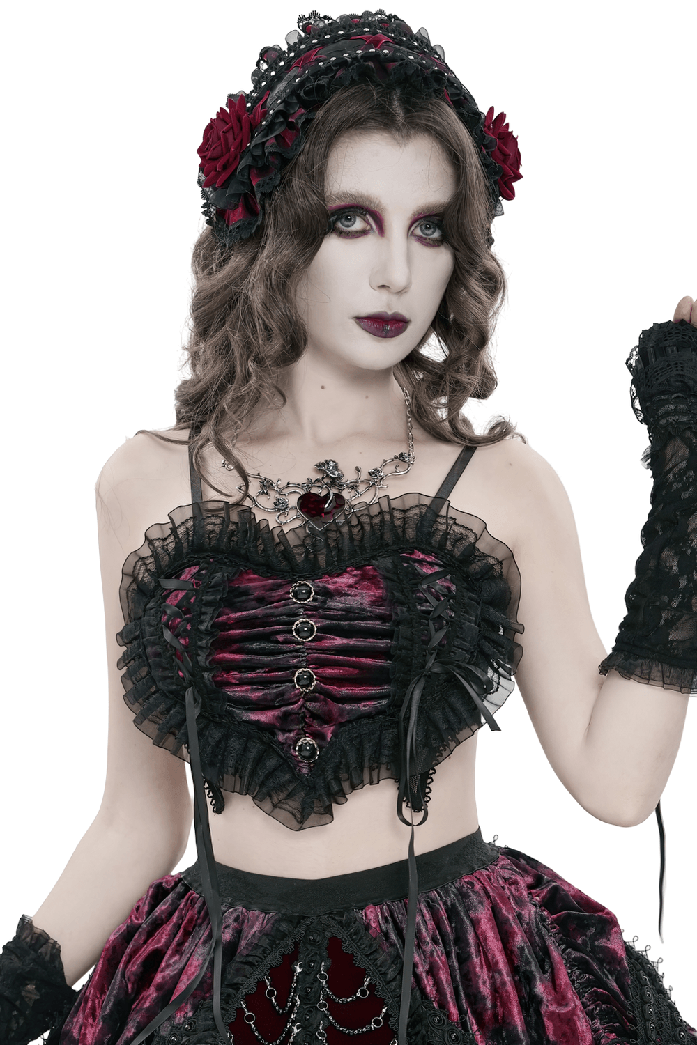 Elegant Black-Burgundy Gothic Mesh Ruffle Bustier Top