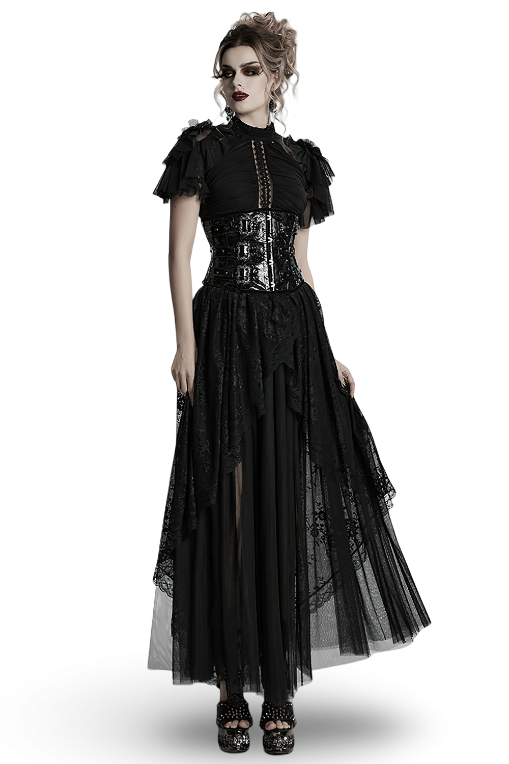 Elegant Black Gothic Lace Maxi Dress with Sheer Back Elegant Black Gothic Lace Maxi Dress with Sheer Back
