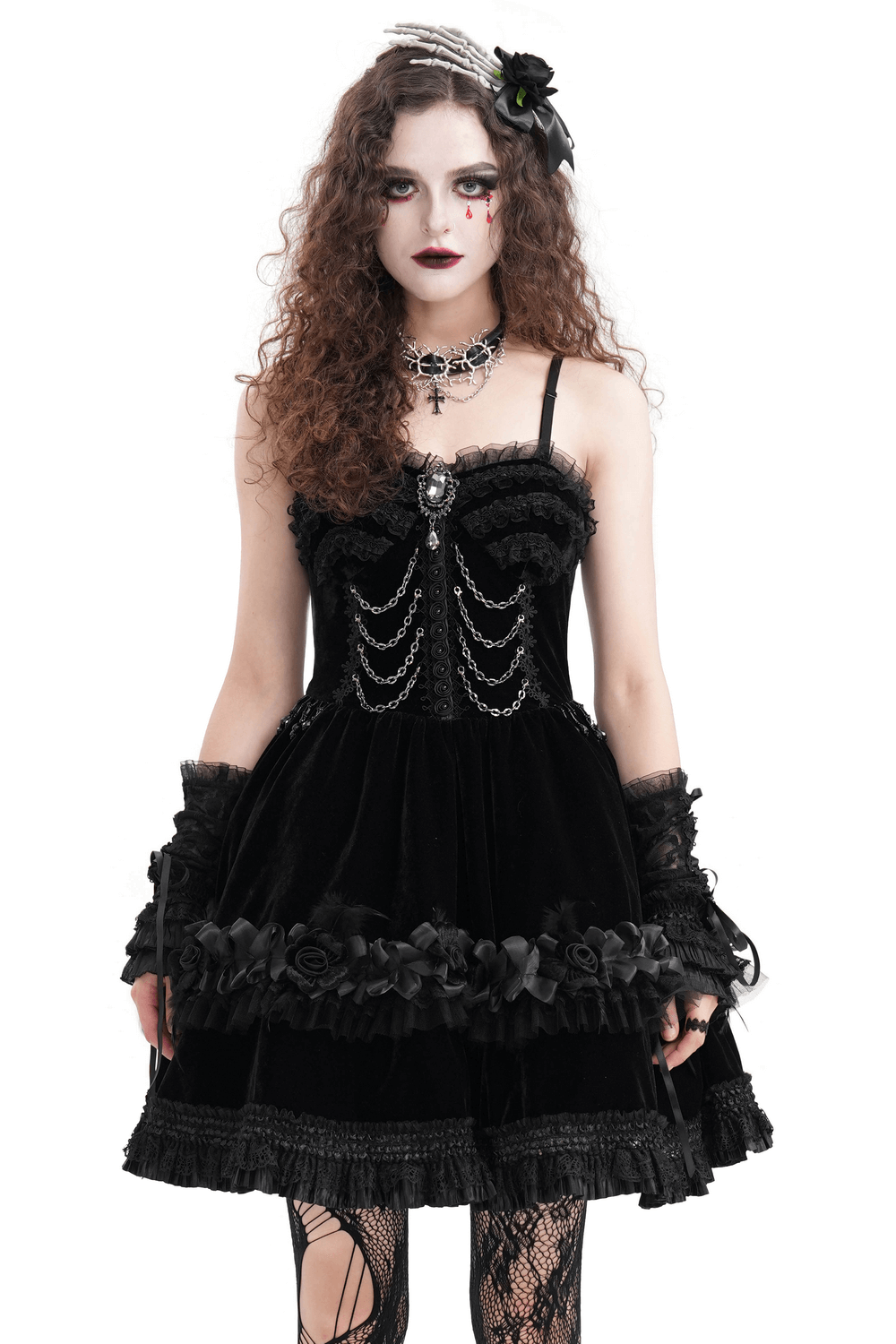 Elegant Black Lace Evening Dress with Beads and Chains Elegant Black Lace Evening Dress with Beads and Chains