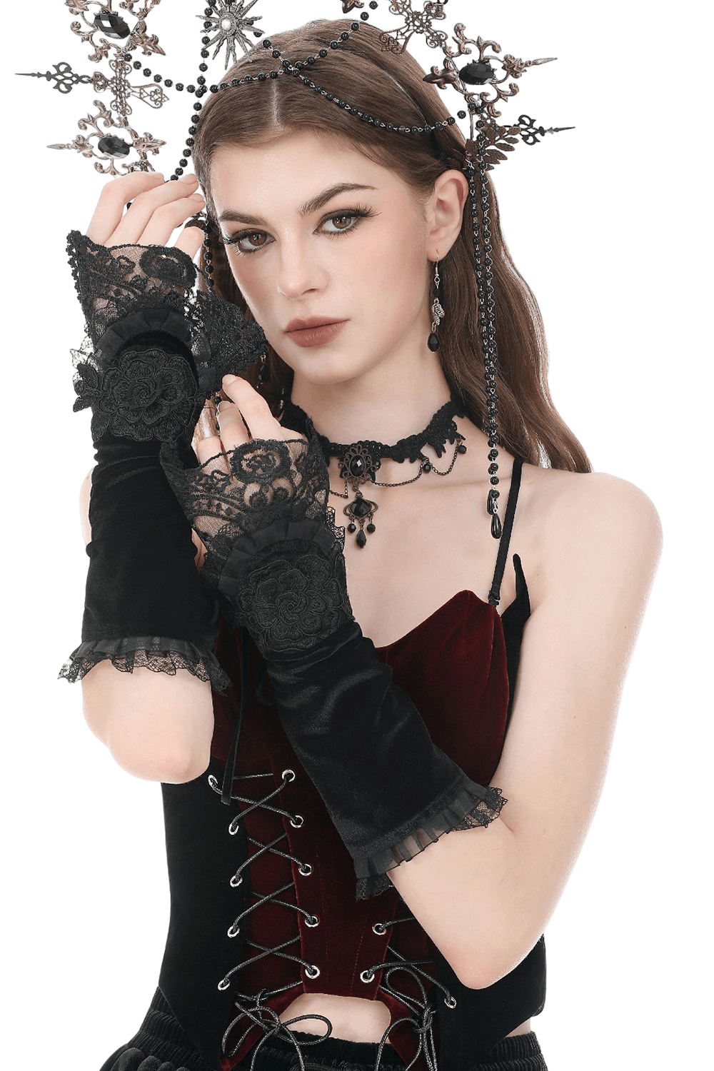 Elegant Velvet Arm Warmers with Lace and Floral Details