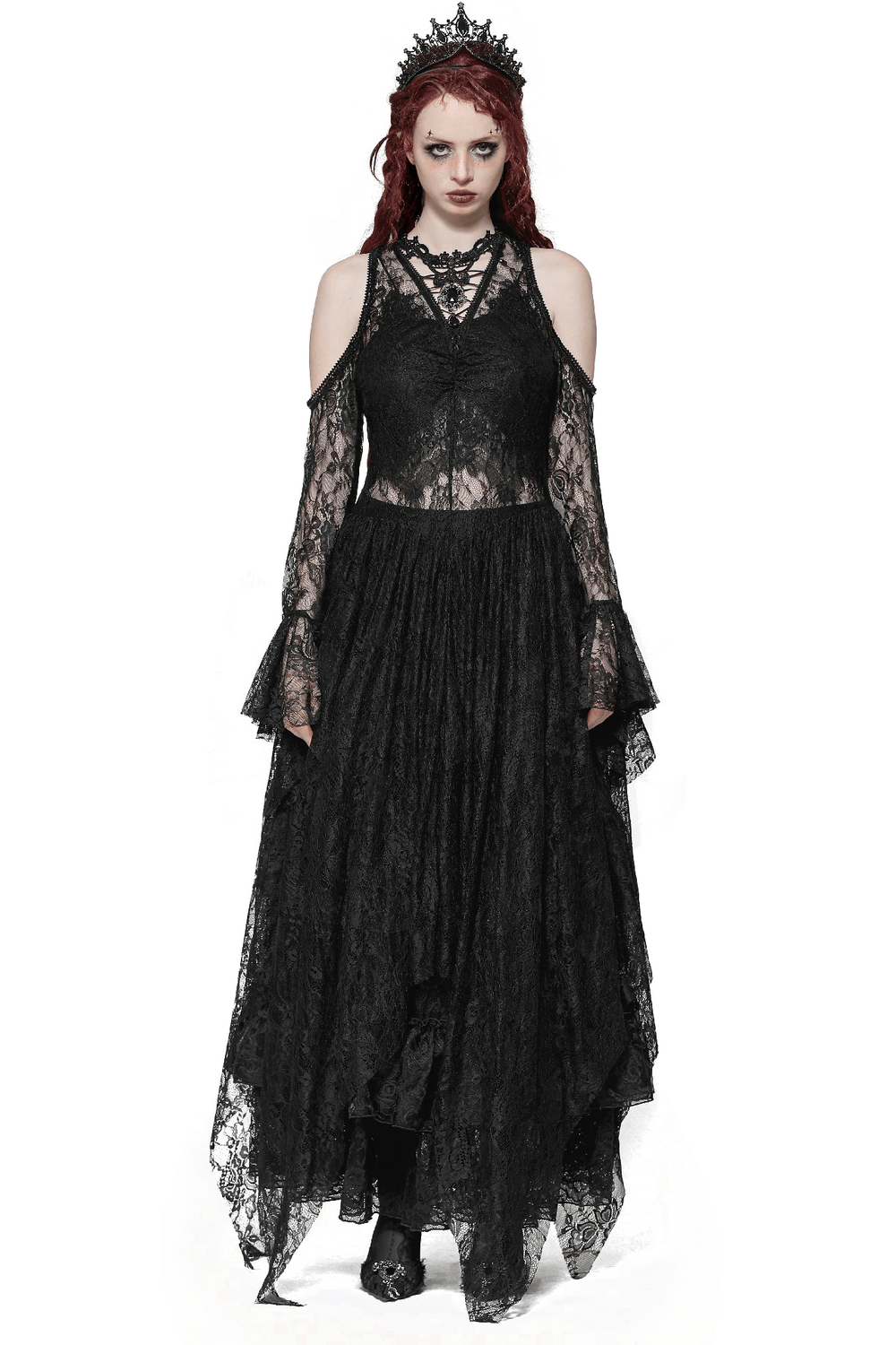 Female Gothic Lace Overlay Maxi Dress with Sleeves Female Gothic Lace Overlay Maxi Dress with Sleeves
