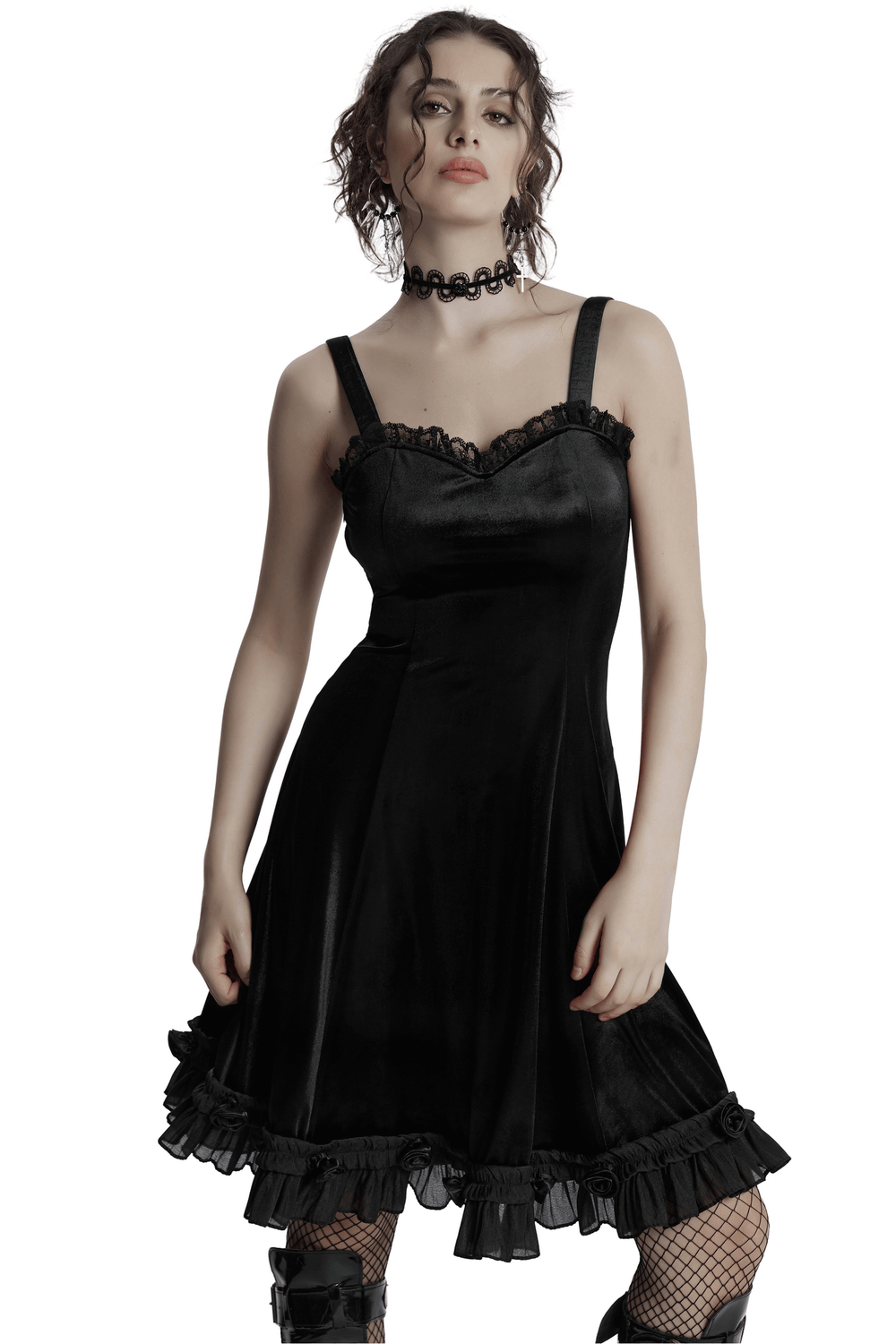 Goth Black Velvet Dress with Lace and Ruffled Hem Goth Black Velvet Dress with Lace and Ruffled Hem