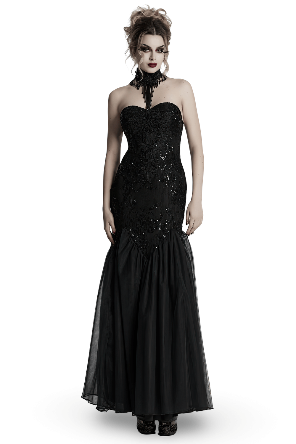 Gothic Black Lace Strapless Maxi Dress with Sequins Gothic Black Lace Strapless Maxi Dress with Sequins