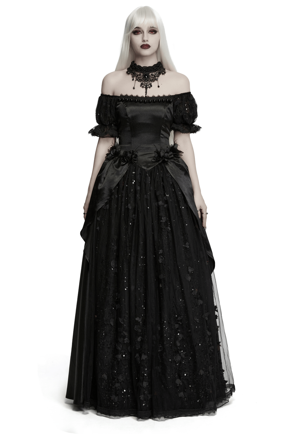 Gothic Black Rose Satin Lace Maxi Evening Dress