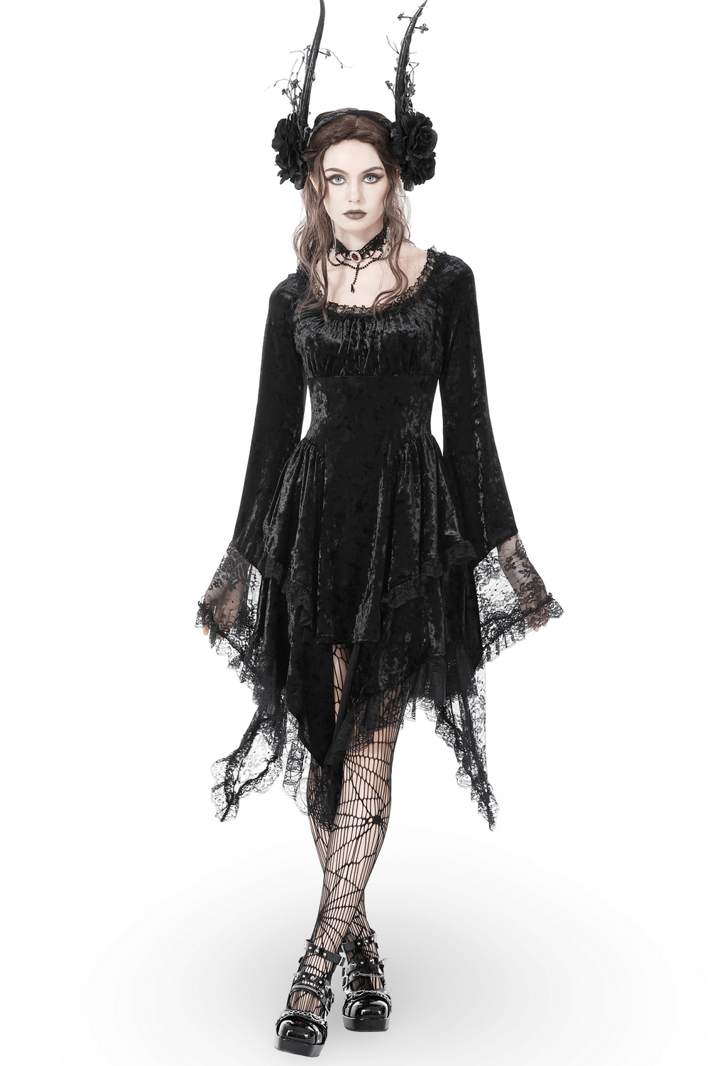 Gothic Dramatic Black Velvet Lace Asymmetrical Dress Gothic Dramatic Black Velvet Lace Asymmetrical Dress