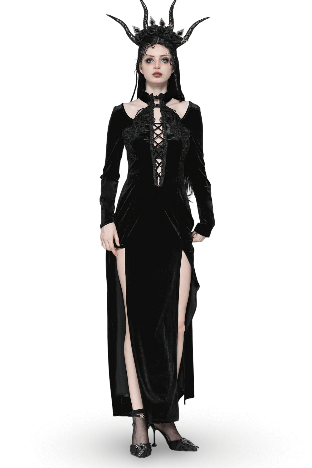 Gothic Lace-Up Velvet Dress with Ruffled Details and Slit Gothic Lace-Up Velvet Dress with Ruffled Details and Slit