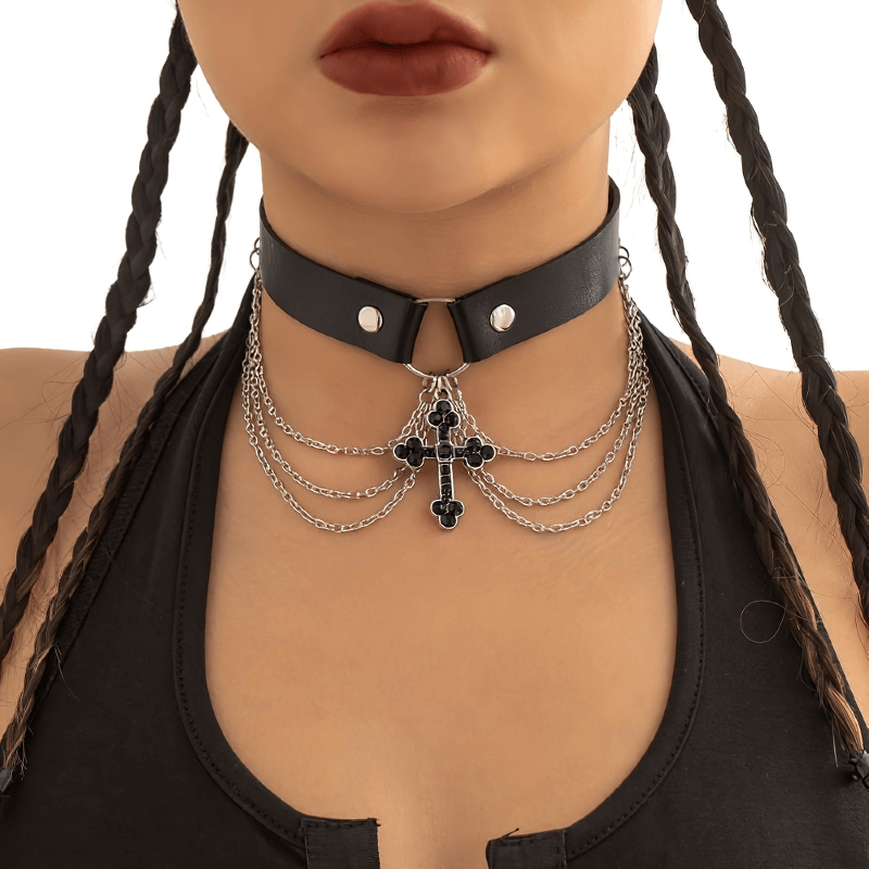 Gothic Pu Leather Black Cross Necklace Punk Accessory