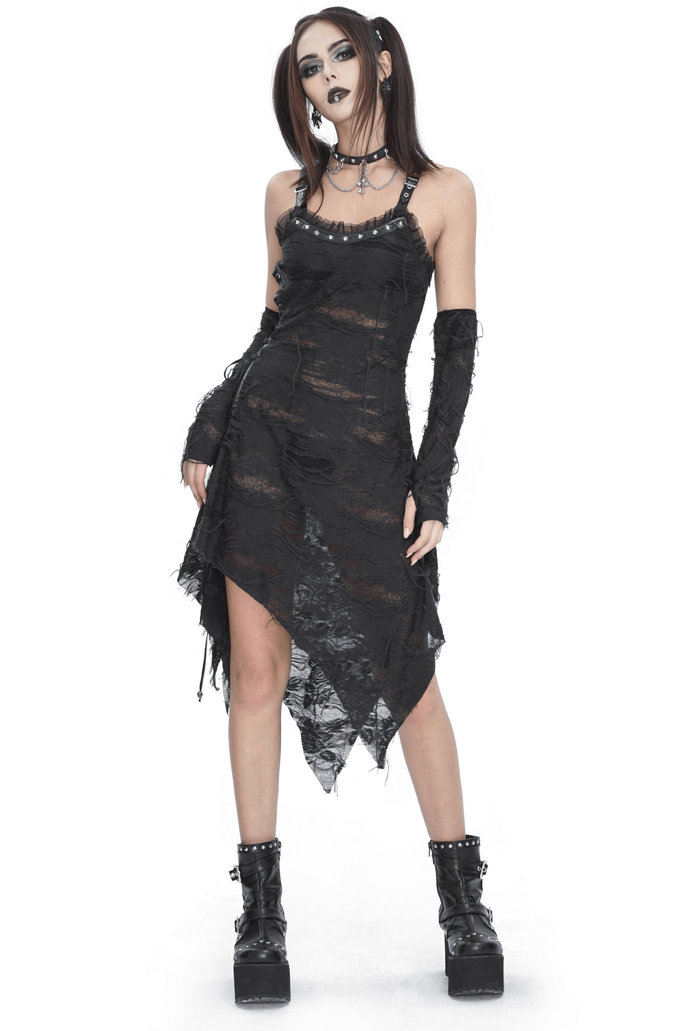 Gothic Punk Irregular Black Ripped Dress with Long Gloves Gothic Punk Irregular Black Ripped Dress with Long Gloves