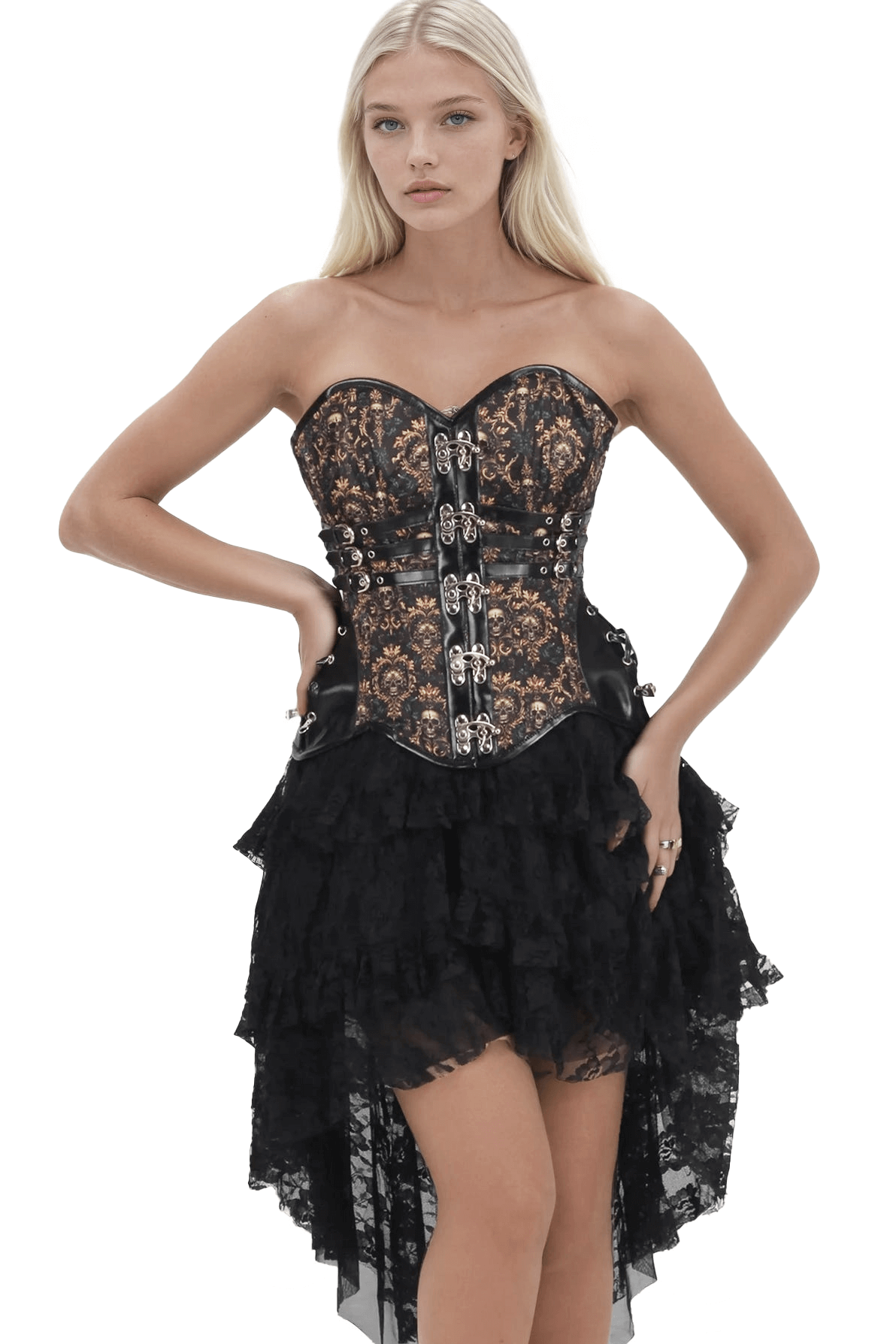 Gothic Steampunk Overbust Corset with Ornate Skull Print