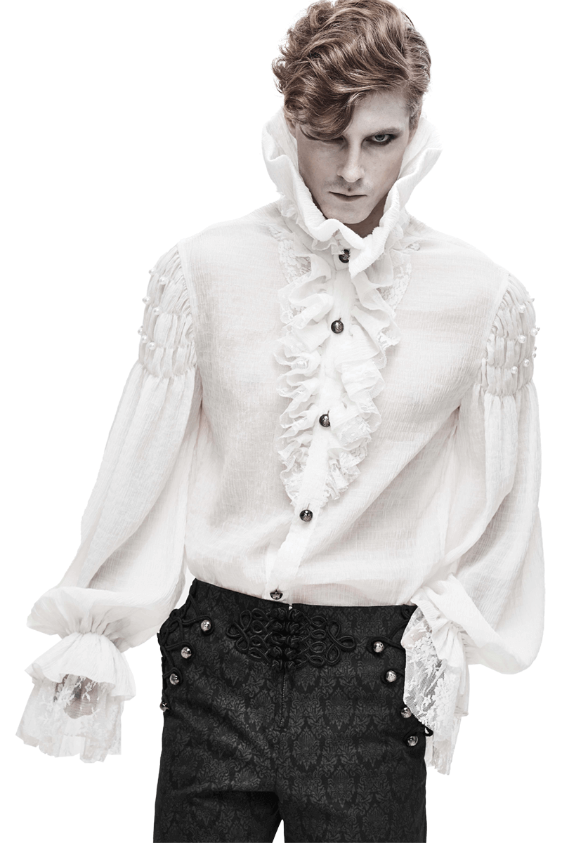 Gothic Style White Male Long Sleeve Stand Collar Shirt