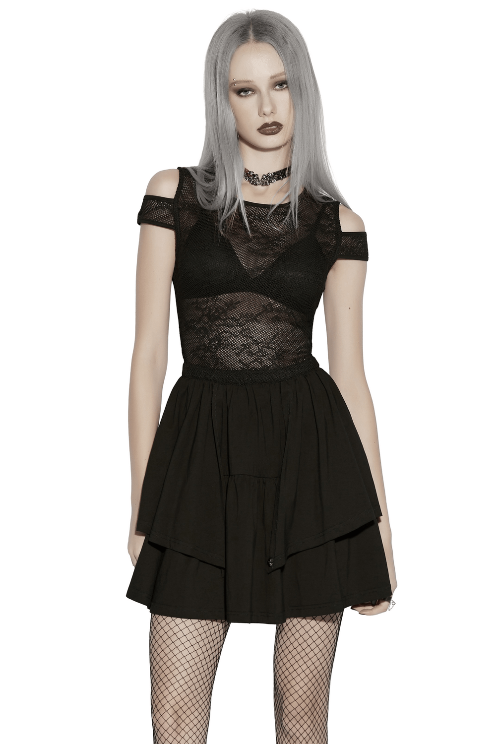 Lace Mini Dress with Mesh Cold Shoulders in Gothic Style Lace Mini Dress with Mesh Cold Shoulders in Gothic Style