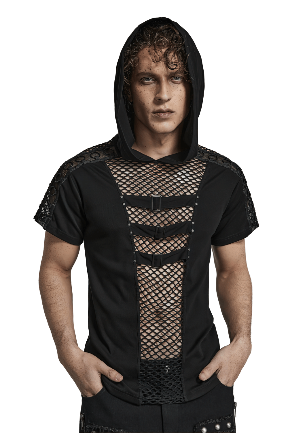 Punk Stylish Men s Black Mesh Hoodie T Shirt