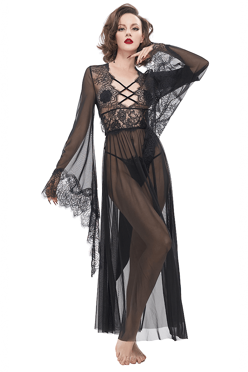 Sexy Hollow Out Transparent Lace Dress / Gothic Open Back Long Dress With Bow Sexy Hollow Out Transparent Lace Dress / Gothic Open Back Long Dress With Bow
