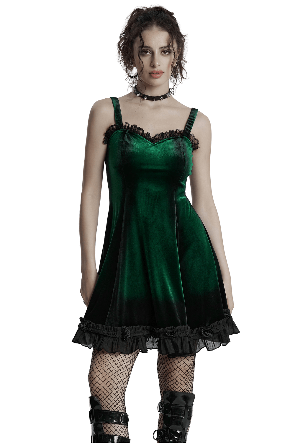 Velvet Gradient Printed Dress with Lace and Ruffle Details Velvet Gradient Printed Dress with Lace and Ruffle Details