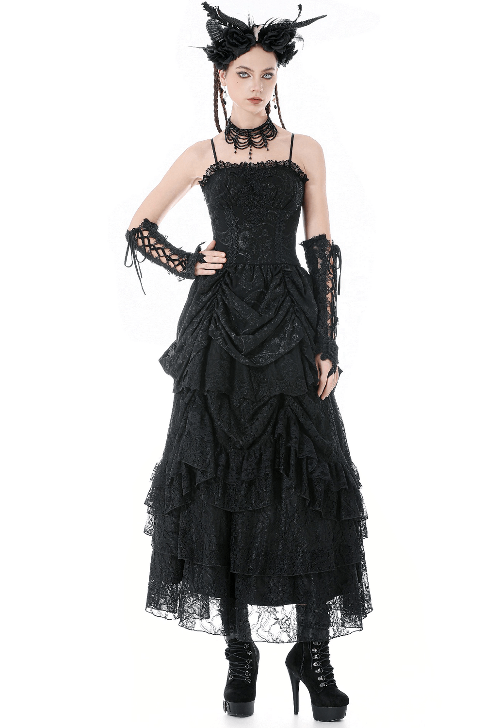 Vintage Lace Gothic Black Dress with Ruched Skirt for Women Vintage Lace Gothic Black Dress with Ruched Skirt for Women