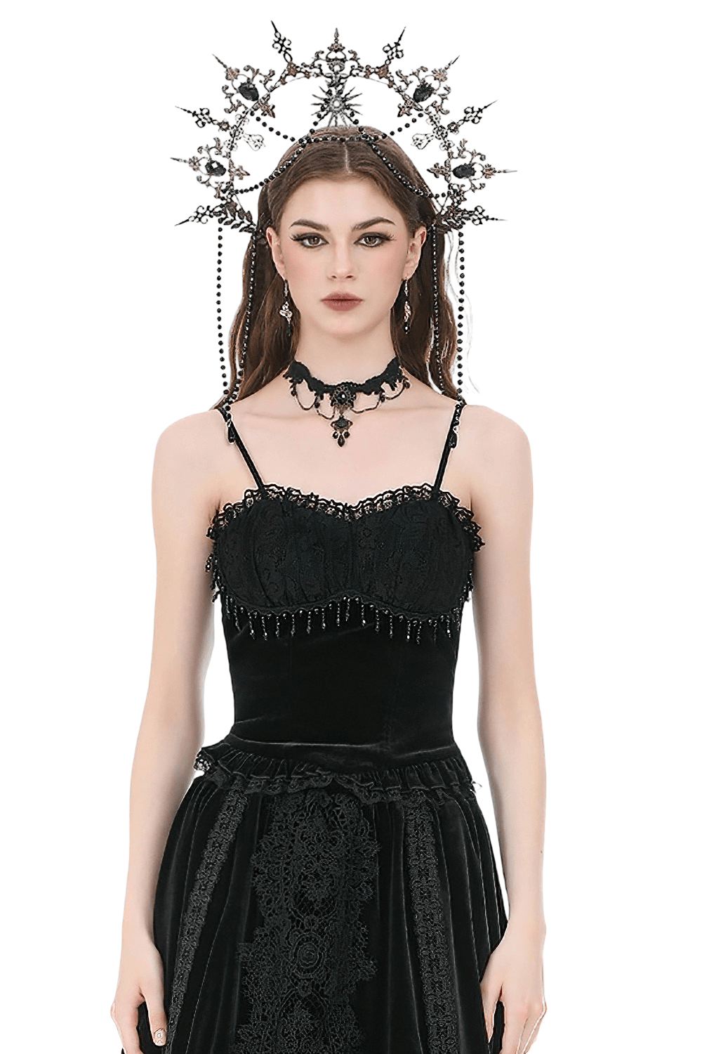 Women's Gothic Lace Camisole with Beaded Bust and Frills