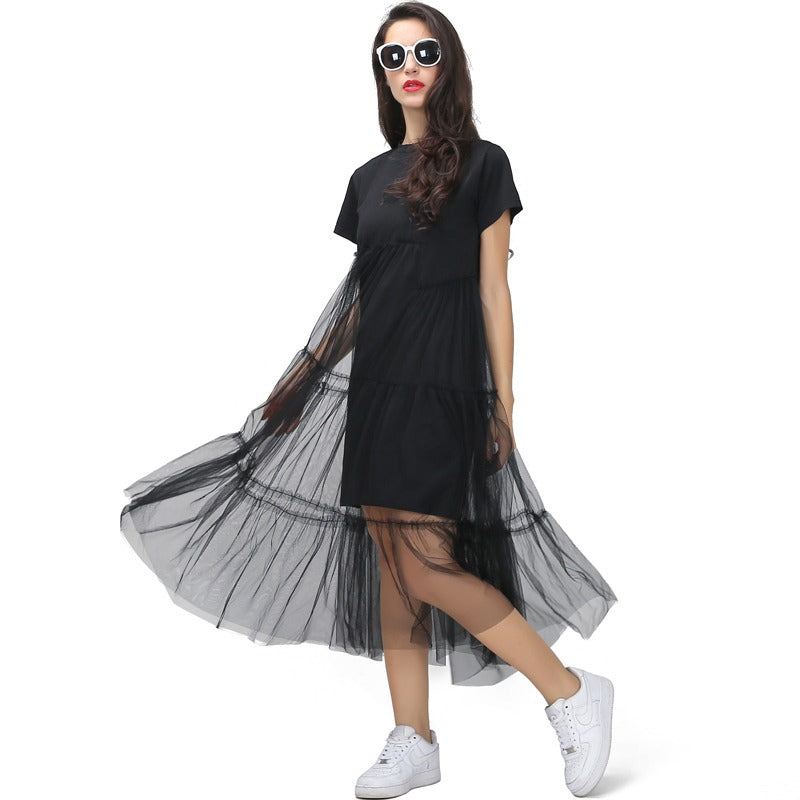 Black Asymmetrical Mesh Split Joint Dress / Round Neck Short Sleeve Loose Fit Dress for Women Black Asymmetrical Mesh Split Joint Dress / Round Neck Short Sleeve Loose Fit Dress for Women