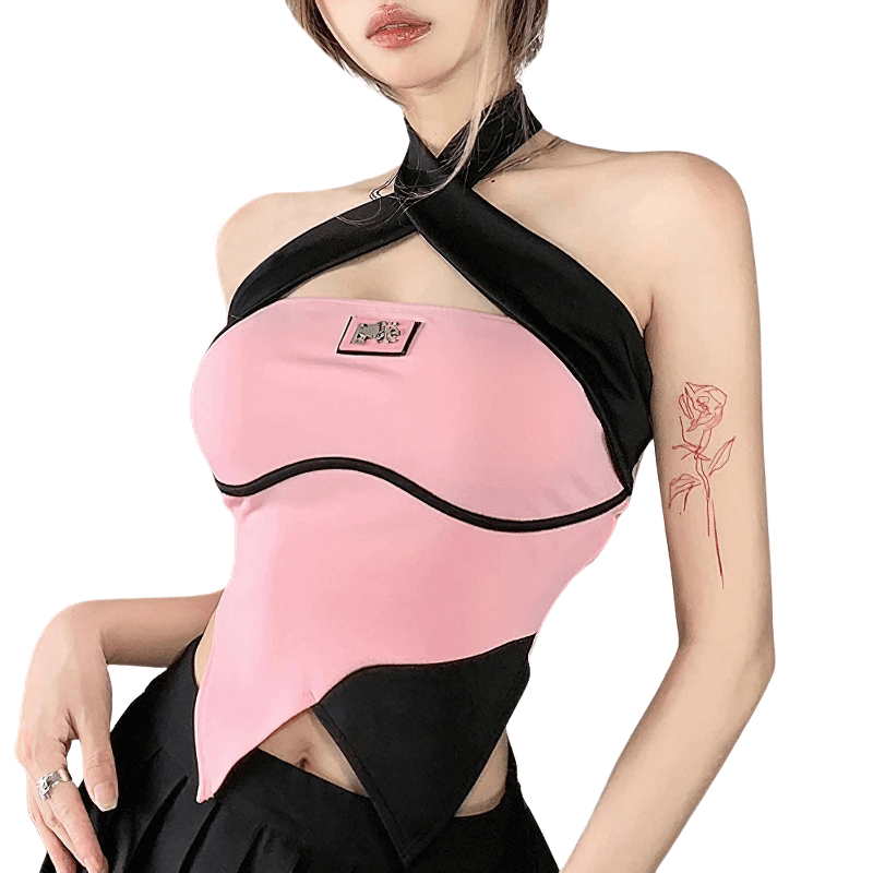 Contrast Color Halter Top / Sexy Pink and Black Backless Top / Women's Aesthetic Clothing Contrast Color Halter Top / Sexy Pink and Black Backless Top / Women's Aesthetic Clothing