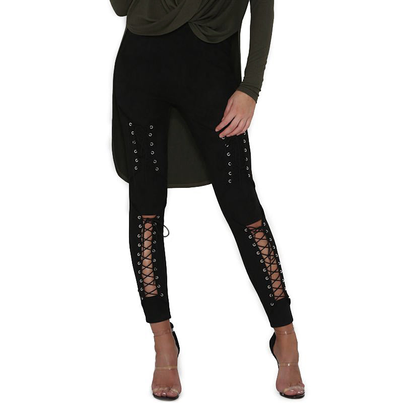 Suede Bodycon Bandage Trousers Women Sexy Slim Pencil Pants