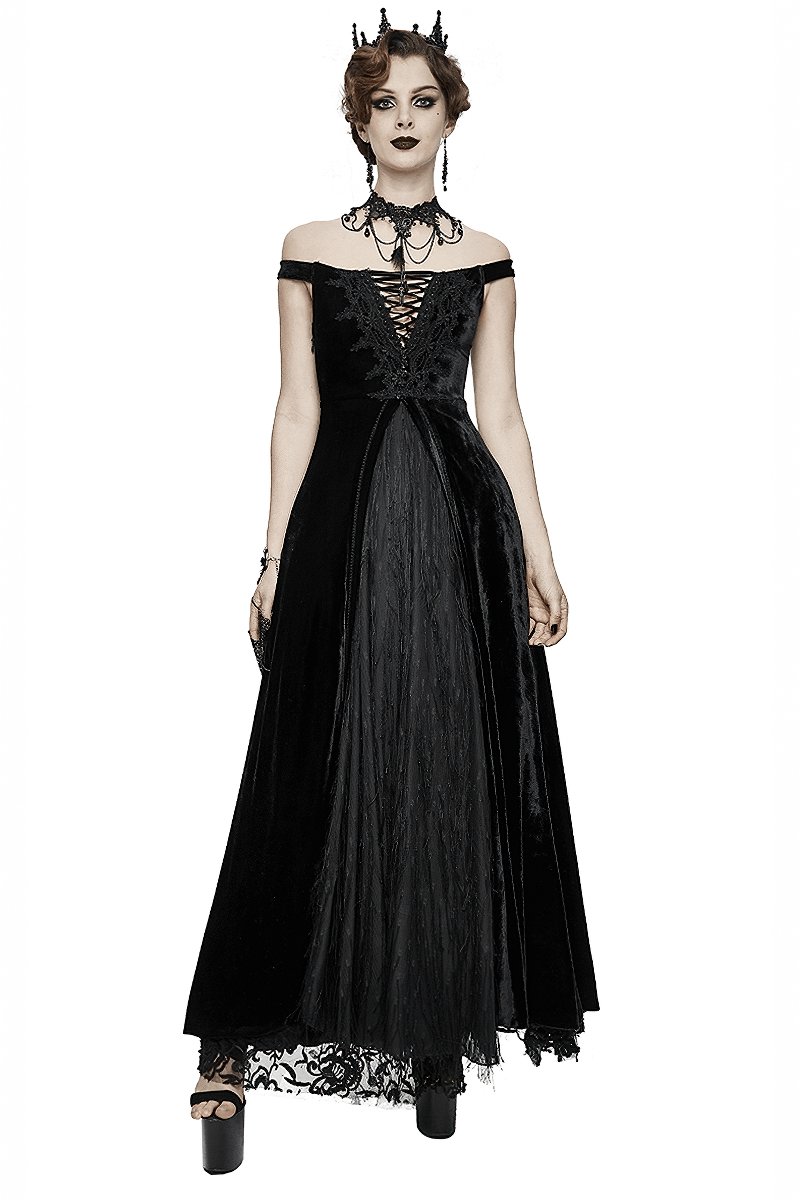 Vintage Sexy Off Shoulder Velvet Long Dress / Gothic Black Dress with Lace On Bodice & Lace-up Back Vintage Sexy Off Shoulder Velvet Long Dress / Gothic Black Dress with Lace On Bodice & Lace-up Back