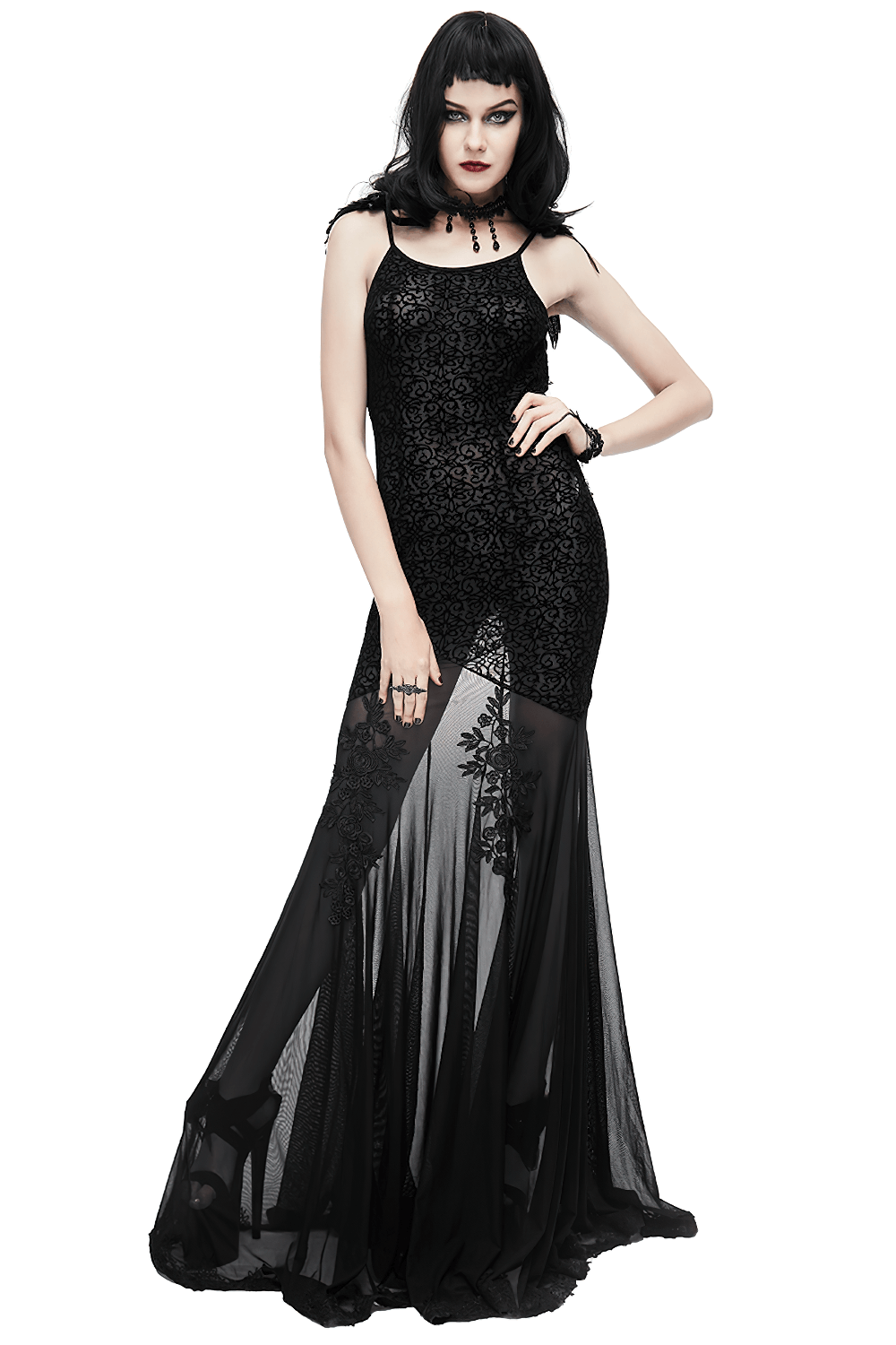 Women's Gothic Long Dress with transparent Bottom / Black Sexy Backless Dresses with Embroidery Women's Gothic Long Dress with transparent Bottom / Black Sexy Backless Dresses with Embroidery