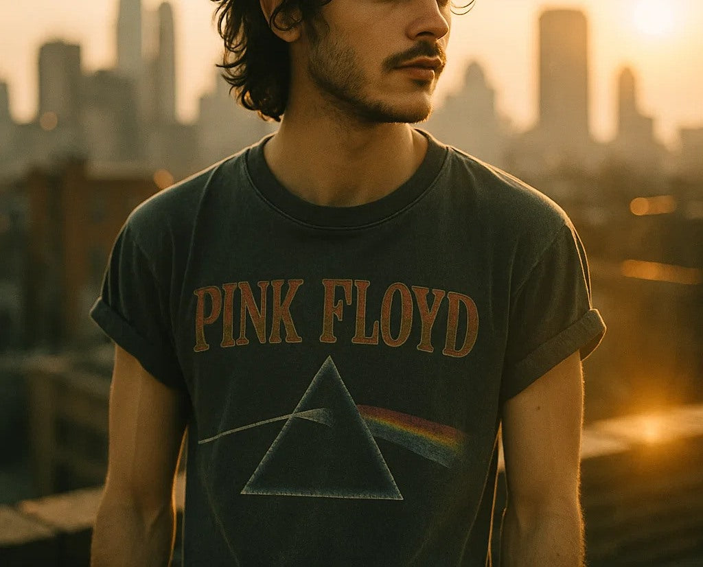 Man in a faded Pink Floyd “Dark Side of the Moon” tee with rolled sleeves, standing in a city at sunset. 