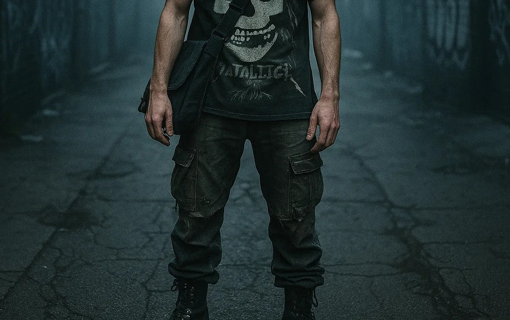 Man in a dark alley wearing a skull-printed Metallica t-shirt, cargo pants, combat boots, and a tactical shoulder bag.