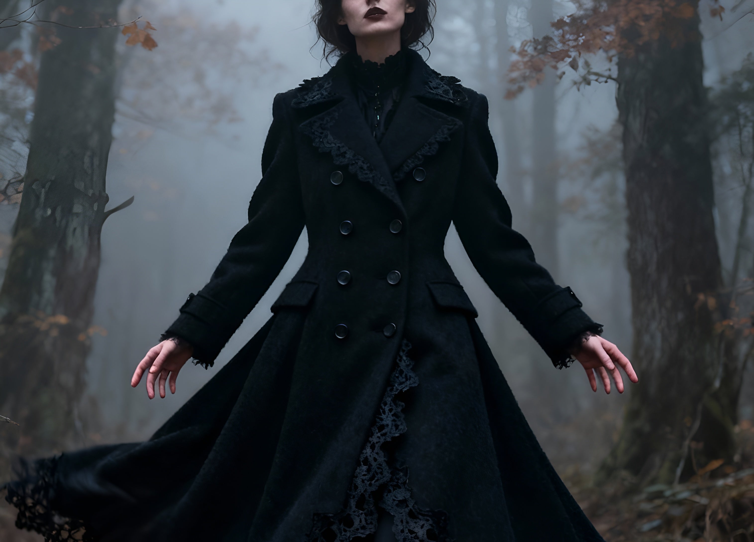 A woman in a gothic black coat with lace trim, standing in a misty forest.