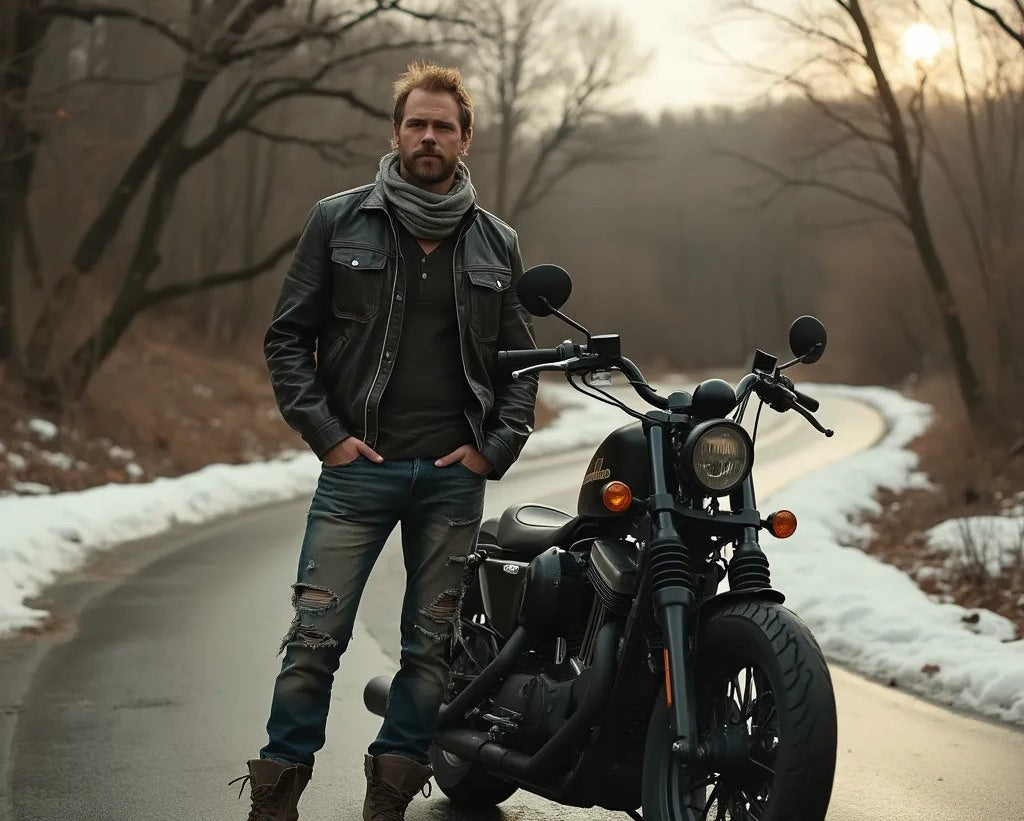 A man with a beard, wearing a leather jacket, dark shirt, and grey scarf, standing next to a motorcycle on a snow-lined road.