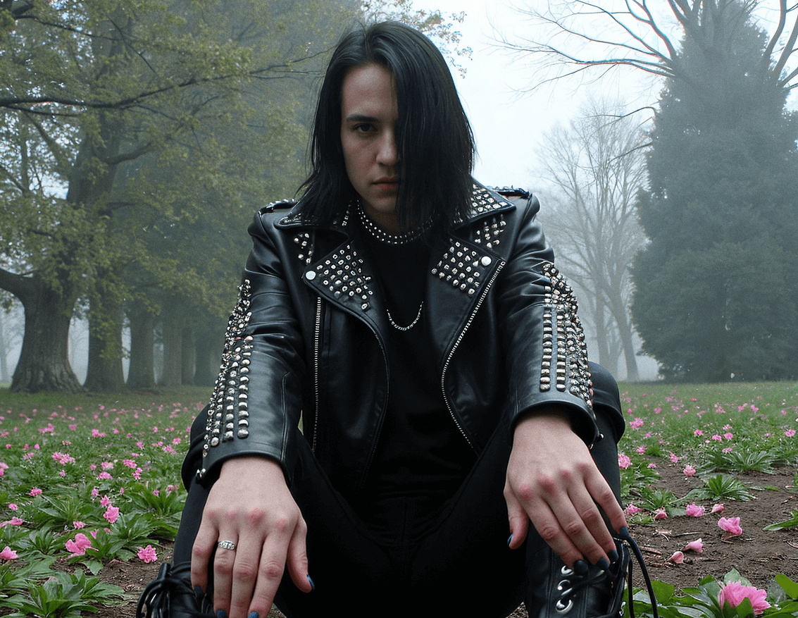 A man in a studded black leather jacket with long dark hair sits confidently among pink flowers in a misty, forested park, embodying a gothic aesthetic.