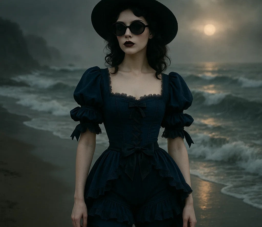 Woman standing on a moonlit beach wearing a black Victorian‑style swimsuit with puff sleeves, lace collar, and ruffled bloomers.  