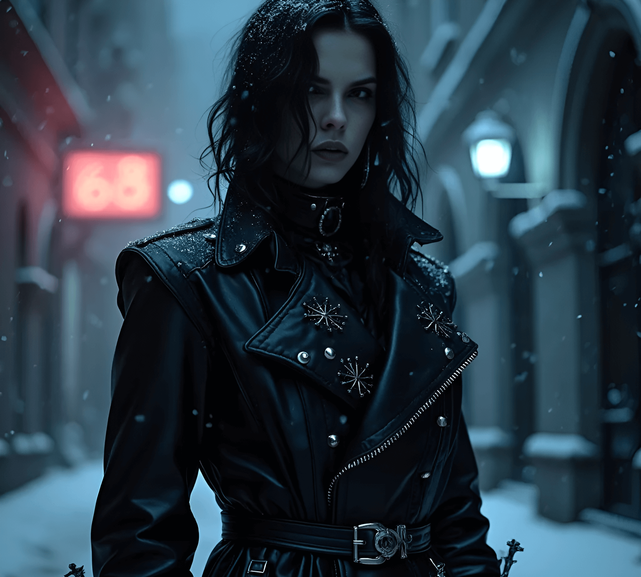 A woman dressed in a black leather jacket adorned with silver studs and snowflake details, standing in a snow-covered alley.