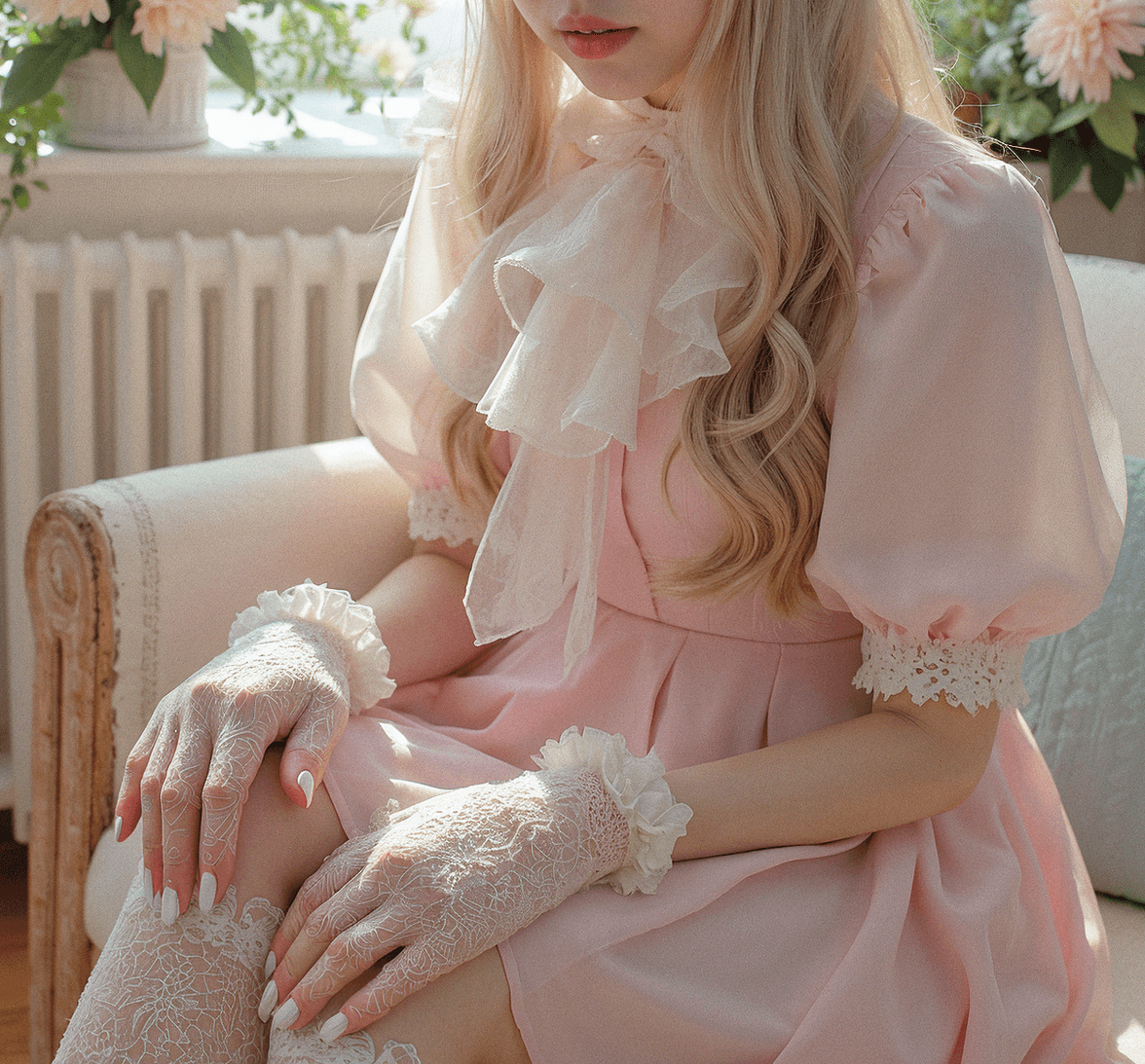 A woman in a pink Lolita dress with lace gloves and stockings, sitting gracefully with soft lighting and flowers in the background.