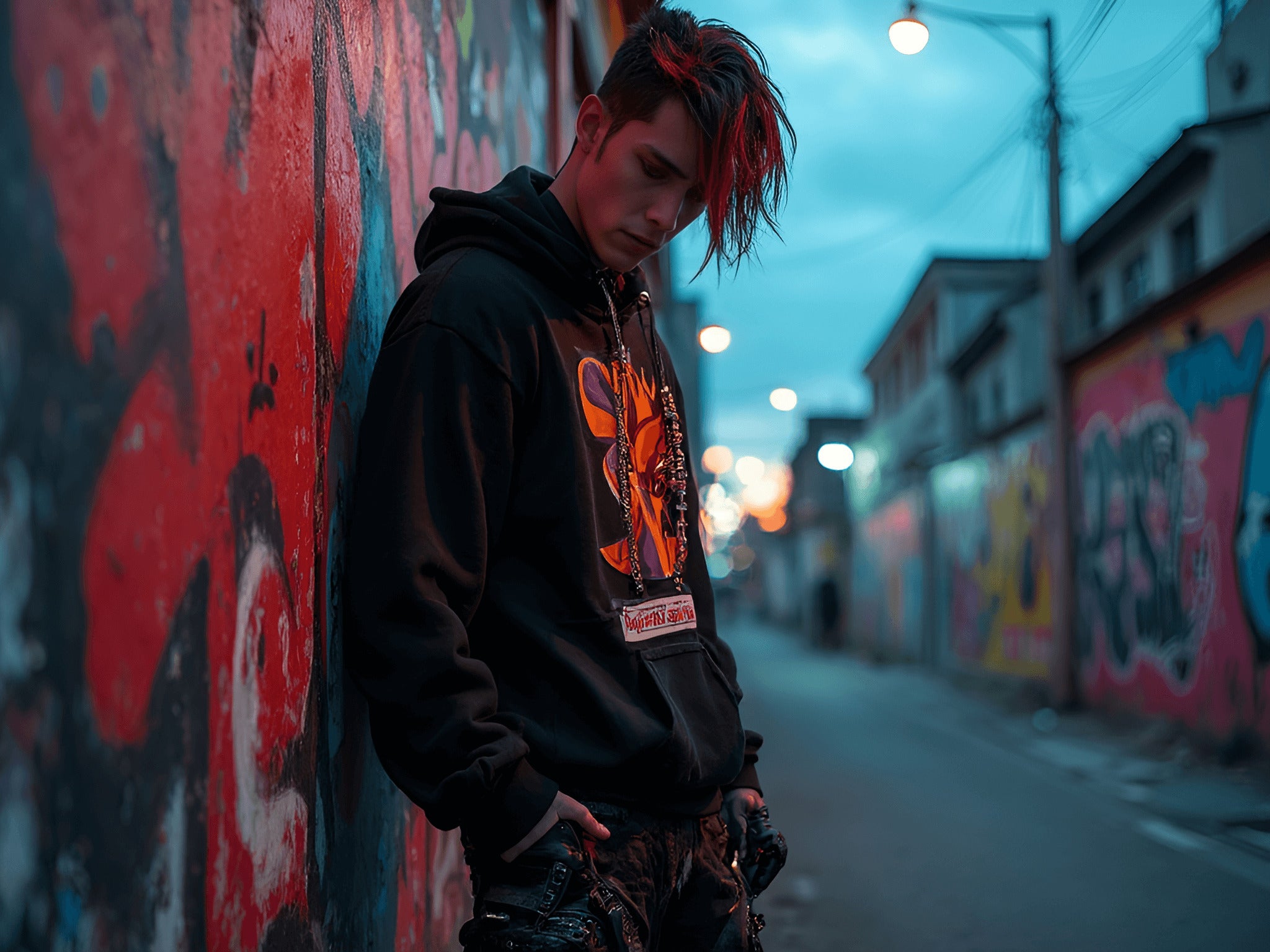 Young man in dark hoodie leans against graffiti wall in moody, urban alley at dusk.