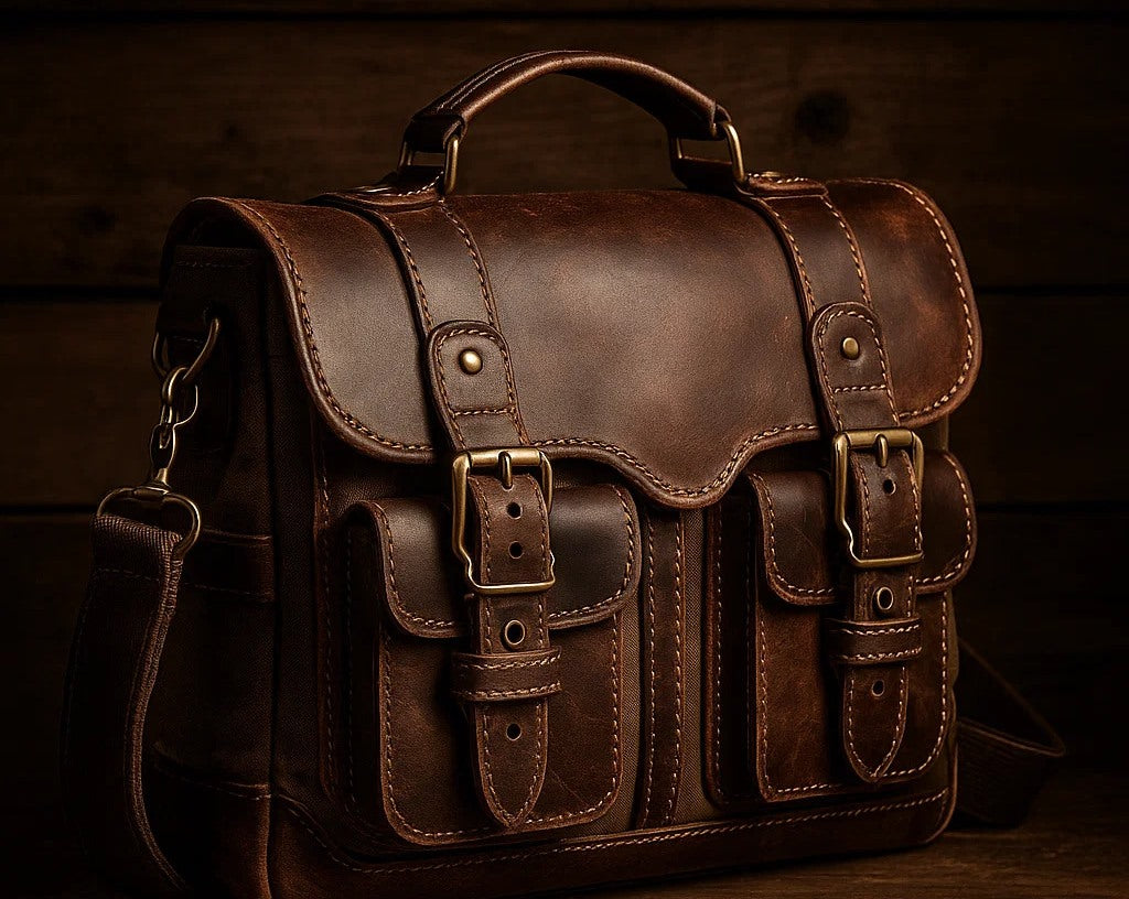 Vintage brown leather messenger bag with brass buckles, featuring a rugged design and a shoulder strap, ideal for steampunk enthusiasts.