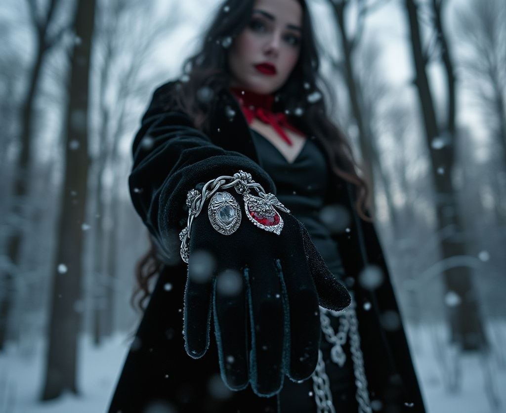 The image features a woman in a gothic-inspired winter outfit standing in a snowy forest.