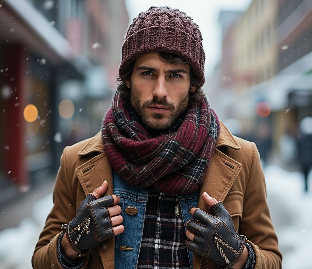 A stylish winter scene featuring a man wearing a chunky knit beanie, an oversized statement scarf with bold patterns, and fingerless gloves.