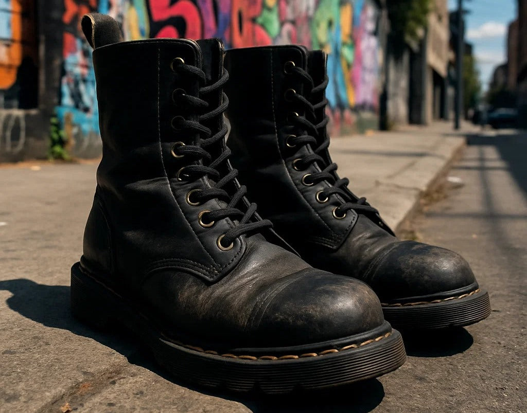 Close-up of black lace-up punk boots on a city street with graffiti in the background.
