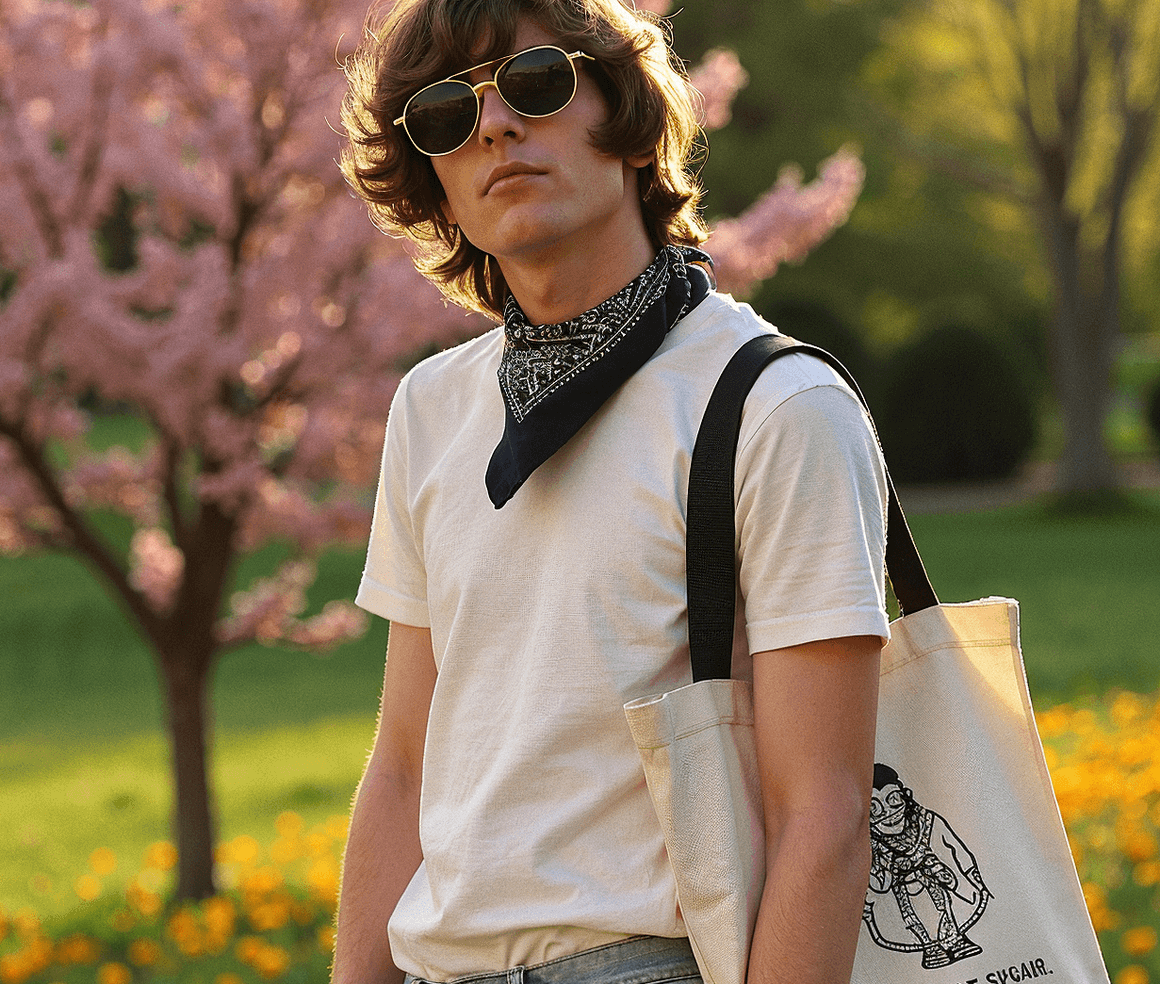 A young man with medium-length wavy hair wearing round sunglasses, a white t-shirt, a stylish black bandana around his neck, and a canvas tote bag, standing outdoors with blooming pink and yellow flowers in the background.