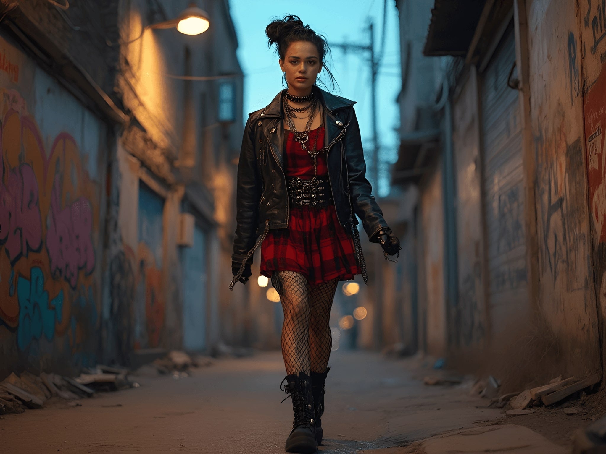 Punk rock woman in a leather jacket and red plaid dress walking down an urban alley