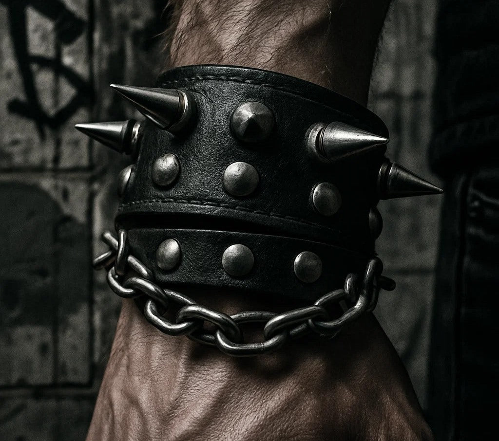 Close-up of a men's black leather punk bracelet with metal spikes, studs, and chain detail.
